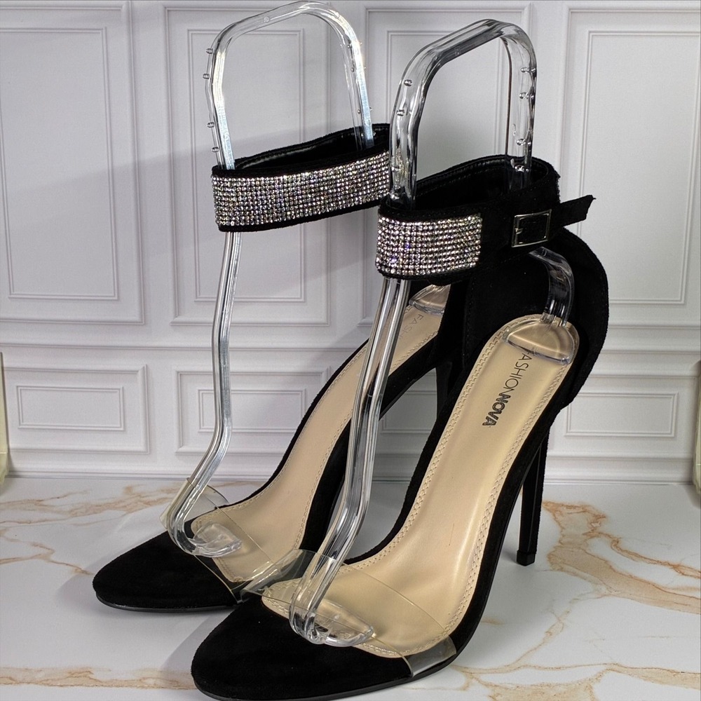 Fashion Nova Womens Black Suede Rhinestone Ankle Strap Clear Stiletto Heels 10